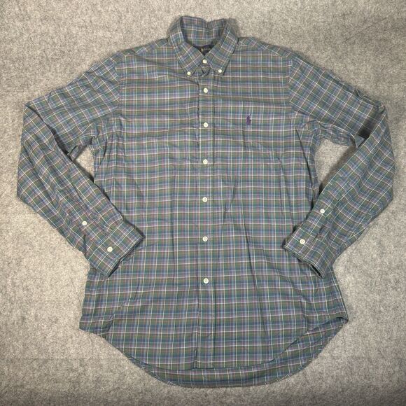 Polo Ralph Lauren Button Front Shirt Men's Medium Purple White Plaid LS Cotton - Picture 1 of 5